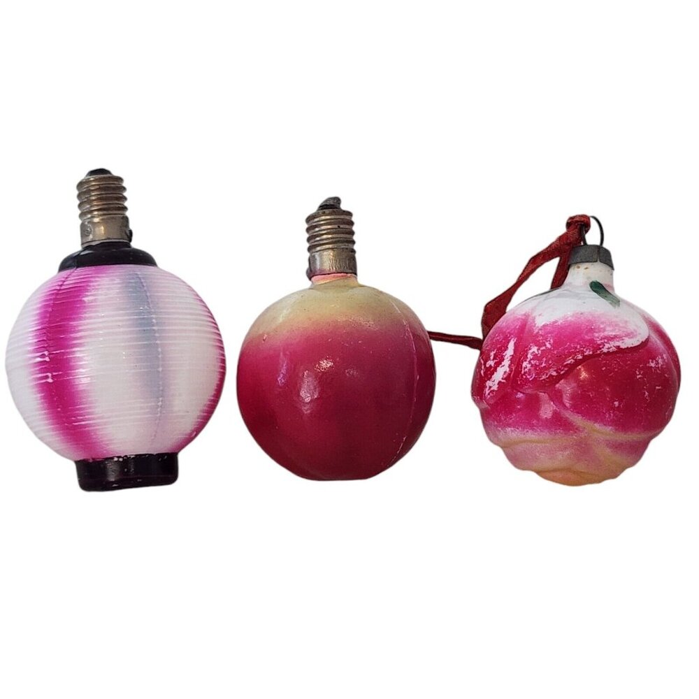 Lot of 3 Vintage Figural Christmas Light Bulbs Rosebud Apple Lantern Christmas